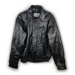 Vtg 90s Cellini Black Leather Bomber Jacket Stitch Mosaic Moto Jacket Coat- Med
